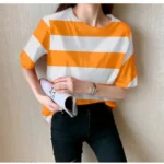 BS Women's Lycra Striped Round Neck Short Sleeve T-Shirt (White-Orange)