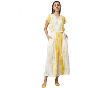 BS Women's Rayon Striped Short Sleeve Jumpsuit (Yellow - White)