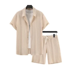 BS Men's Popcon Striped Half Sleeve Shirt and Shorts Set (Cream)