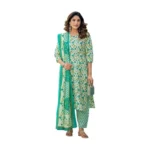 BS Women's Cotton Blend Printed Kurti With Pant Dupatta Set (Pista)