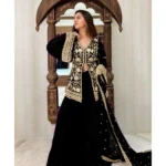 BS Women's Georgette Embroidery 3-4th Sleeve V-Neck Kurti, Palazzo And Dupatta Set (Black)