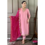 BS Women's Roman Silk Embroidery 3-4th Sleeve V-Neck Kurti With Pant Dupatta Set (Pink)