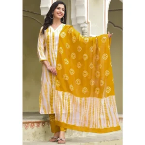 BS Women's Cotton Printed 3-4 th Sleeve V Neck Kurti With Pant Dupatta Set (Yellow)
