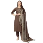 BS Women's Cotton Blend Mirror Work 3-4 th Sleeve Sweetheart Neck Kurti With Pant Dupatta Set (Brown)