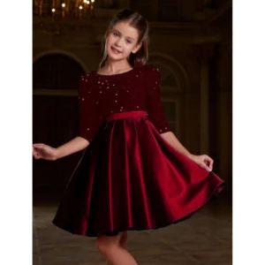 BS Girl's Rayon Solid Round Neck Western Dress (Maroon)