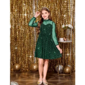 BS Girl's Rayon Solid Round Neck Western Dress (Green)