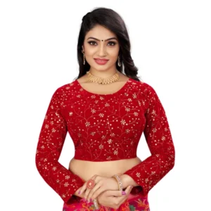 BS Women's Velvet Embroidery Readymade Blouse (Red, Size: Free Size)