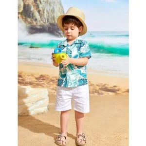 BS Kid's Lycra Printed Casual wear Shirt And Shorts Set (White-Blue)